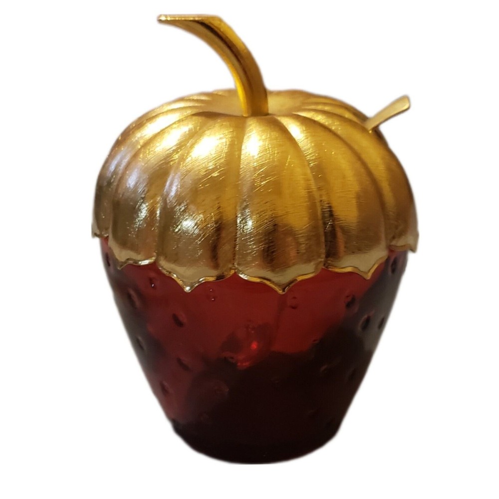 Vintage Avon Red Glass Strawberry Jar w/ Metal Gold Colored Top & Spoon Sugar...